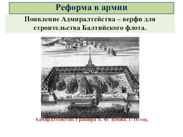 Адмиралтейство. Гравюра А. Ф. Зубова. 1716 год. Появление Адмиралтейства – верфи для строительства