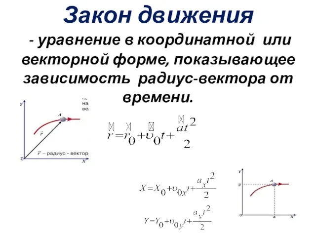 Закон движения - уравнение в координатной или векторной форме, показывающее зависимость радиус-вектора от времени.