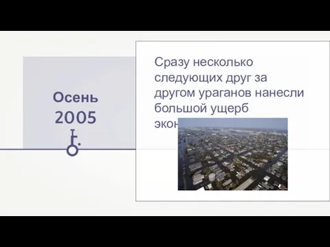 Осень 2005 г. Сразу несколько следующих друг за другом ураганов нанесли большой ущерб экономике страны.