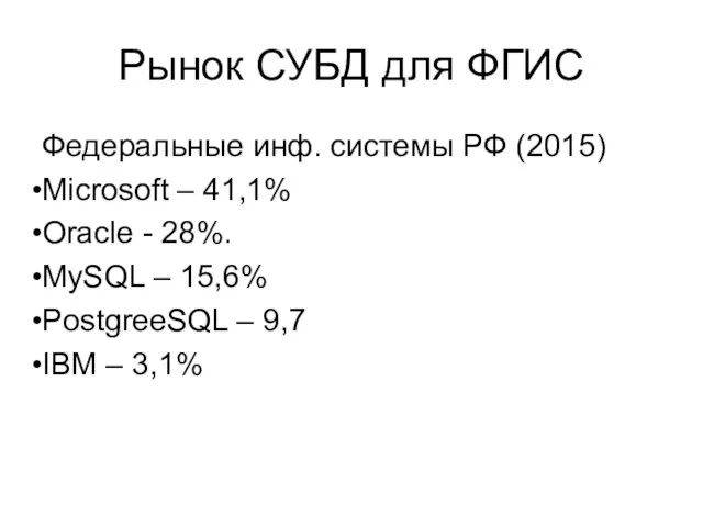 Рынок СУБД для ФГИС Федеральные инф. системы РФ (2015) Microsoft – 41,1% Oracle