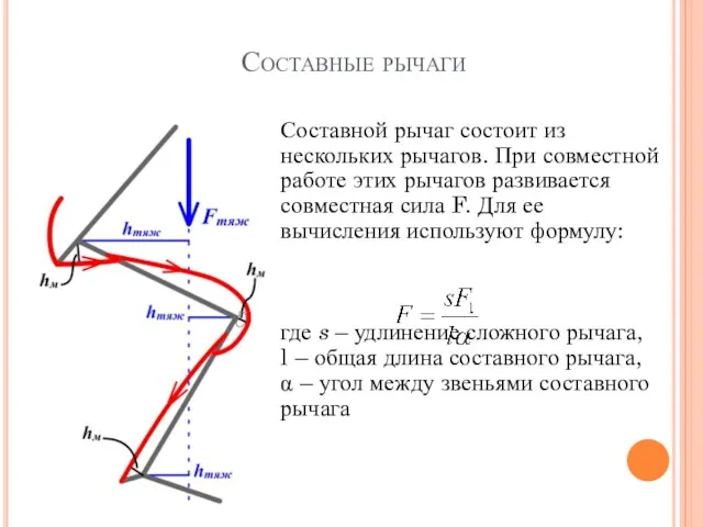 Составные рычаги Составной рычаг состоит из нескольких рычагов. При совместной