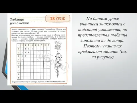 На данном уроке учащиеся знакомятся с таблицей умножения, но представленная