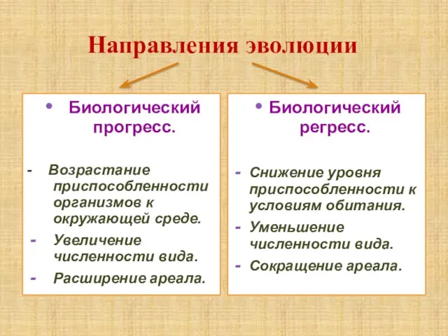 Направления эволюции Биологический прогресс. - Возрастание приспособленности организмов к окружающей