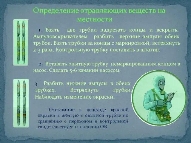 Определение отравляющих веществ на местности 1. Взять две трубки надрезать