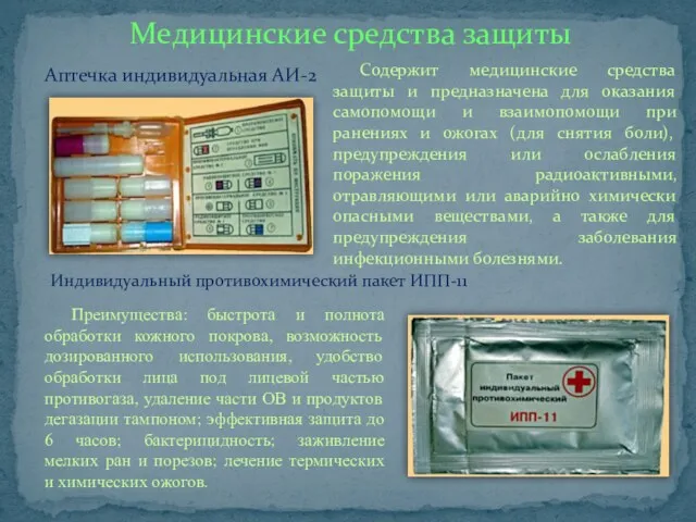 Медицинские средства защиты Аптечка индивидуальная АИ-2 Содержит медицинские средства защиты