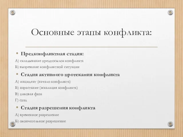 Основные этапы конфликта: Предконфликтная стадия: А) складывание предпосылок конфликта Б)