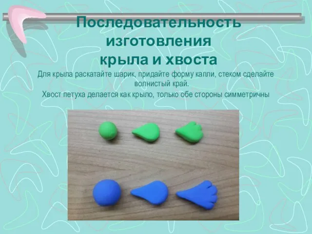 Последовательность изготовления крыла и хвоста Для крыла раскатайте шарик, придайте