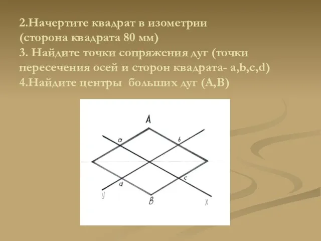 2.Начертите квадрат в изометрии (сторона квадрата 80 мм) 3. Найдите точки сопряжения дуг