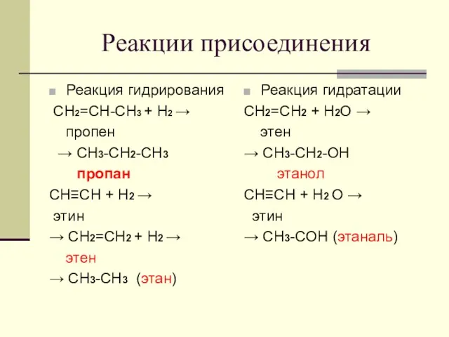 Реакции присоединения Реакция гидрирования СH2=CH-CH3 + H2 → пропен →
