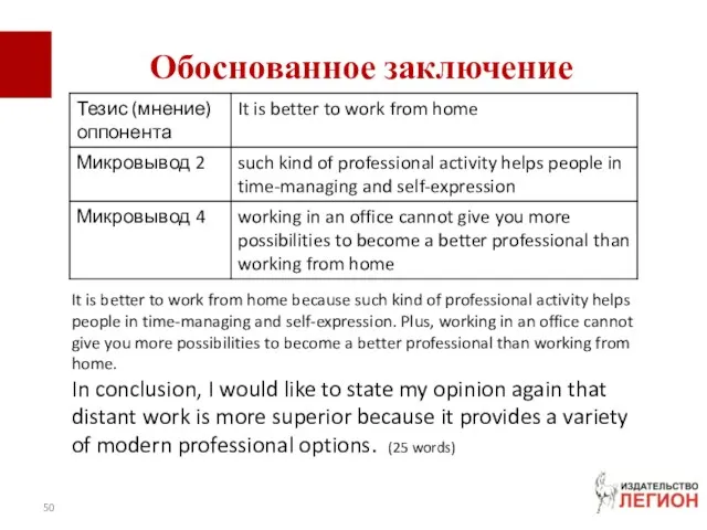 Обоснованное заключение It is better to work from home because