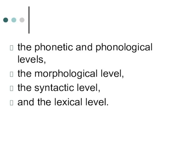 the phonetic and phonological levels, the morphological level, the syntactic level, and the lexical level.