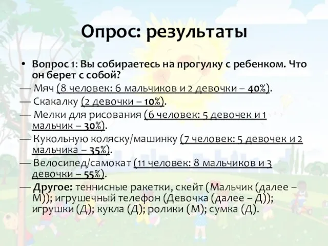 Опрос: результаты Вопрос 1: Вы собираетесь на прогулку с ребенком.