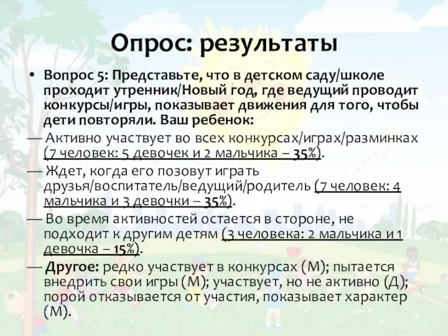 Опрос: результаты Вопрос 5: Представьте, что в детском саду/школе проходит