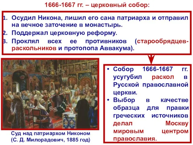 Суд над патриархом Никоном (С. Д. Милорадович, 1885 год) Осудил Никона, лишил его