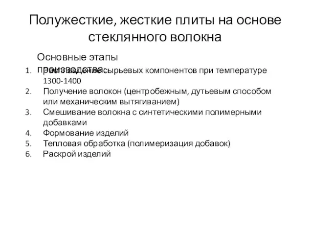 Полужесткие, жесткие плиты на основе стеклянного волокна Расплавление сырьевых компонентов