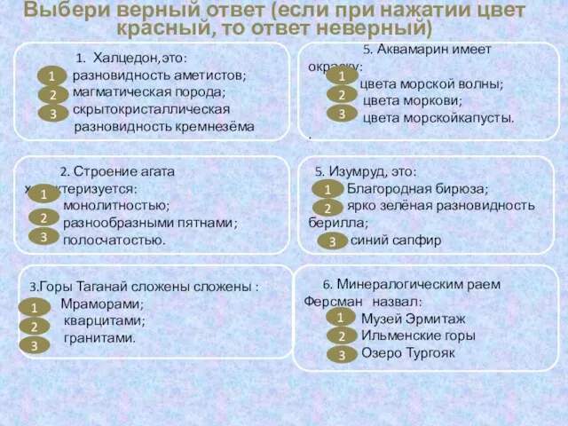 1. Халцедон,это: разновидность аметистов; магматическая порода; скрытокристаллическая р разновидность кремнезёма