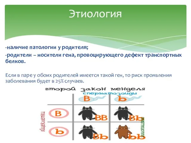 -наличие патологии у родителя; -родители – носители гена, провоцирующего дефект