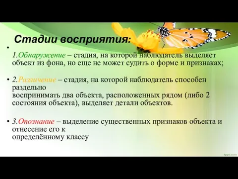 Стадии восприятия: 1.Обнаружение – стадия, на которой наблюдатель выделяет объект