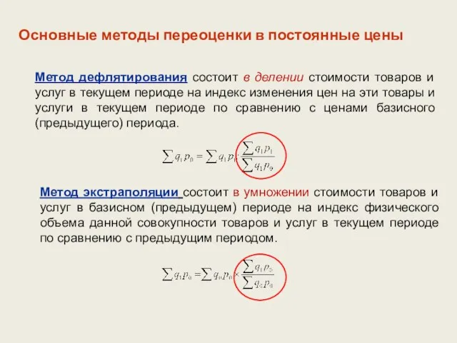 Основные методы переоценки в постоянные цены Метод экстраполяции состоит в