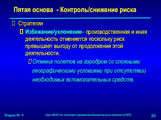 Пятая основа - Контроль/снижение риска Стратегии Избежание/уклонение– производственная и иная