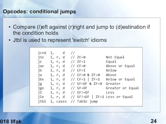 (c) 2018 Ilfak Guilfanov Opcodes: conditional jumps Compare (l)eft against