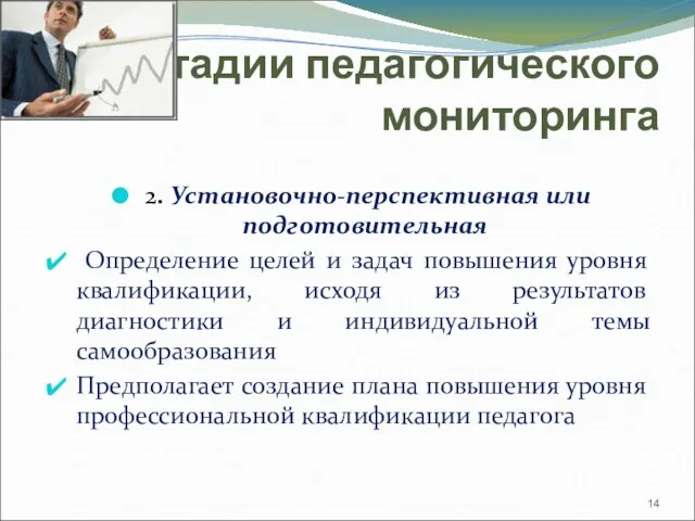 Стадии педагогического мониторинга 2. Установочно-перспективная или подготовительная Определение целей и