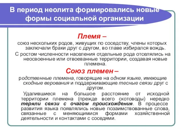 В период неолита формировались новые формы социальной организации Племя –