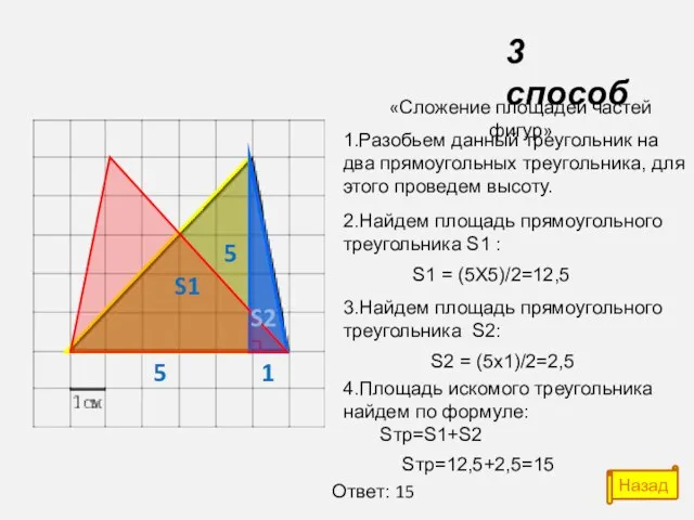 «Сложение площадей частей фигур» 1.Разобьем данный треугольник на два прямоугольных треугольника, для этого