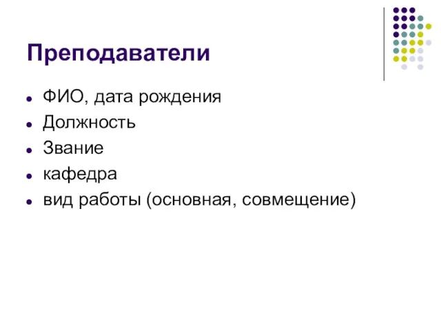 Преподаватели ФИО, дата рождения Должность Звание кафедра вид работы (основная, совмещение)