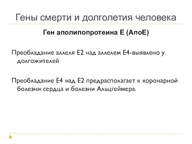 Гены смерти и долголетия человека Ген аполипопротеина Е (АпоЕ) Преобладание