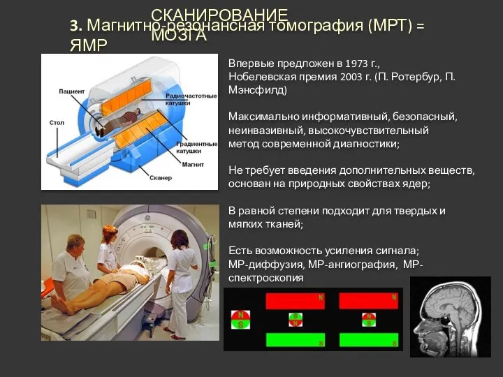 СКАНИРОВАНИЕ МОЗГА 3. Магнитно-резонансная томография (МРТ) = ЯМР Впервые предложен