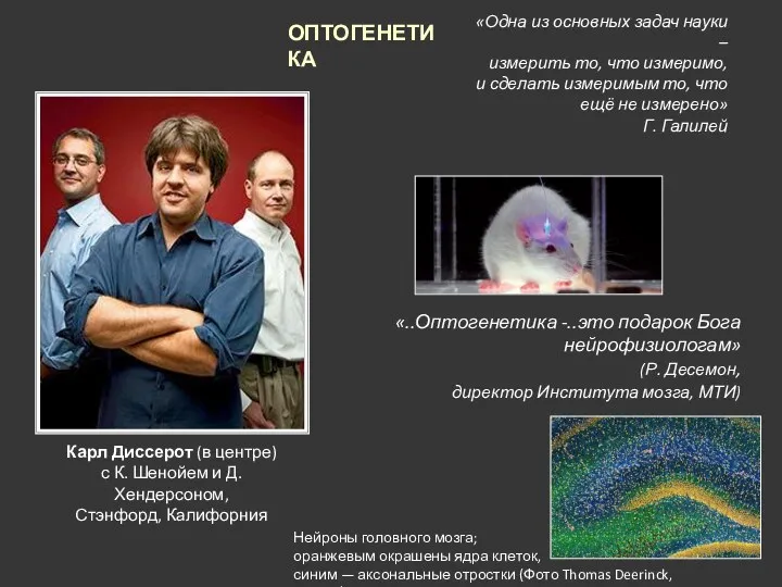 ОПТОГЕНЕТИКА Карл Диссерот (в центре) с К. Шенойем и Д.