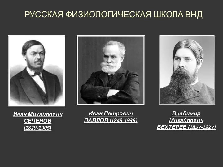 РУССКАЯ ФИЗИОЛОГИЧЕСКАЯ ШКОЛА ВНД Иван Михайлович СЕЧЕНОВ (1829-1905) Иван Петрович ПАВЛОВ (1849-1936) Владимир Михайлович БЕХТЕРЕВ (1857-1927)