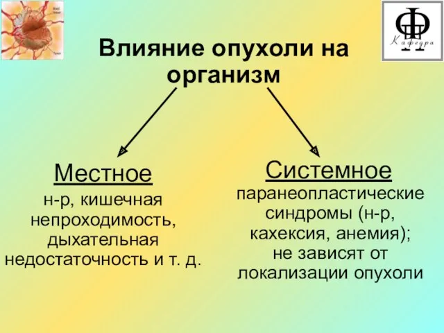 н-р, кишечная непроходимость, дыхательная недостаточность и т. д. Влияние опухоли