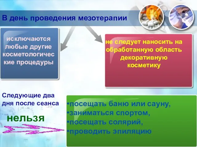 В день проведения мезотерапии исключаются любые другие косметологические процедуры не следует наносить на