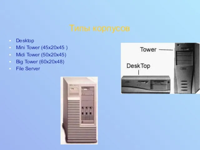 Типы корпусов Desktop Mini Tower (45x20x45 ) Midi Tower (50x20x45) Big Tower (60x20x48) File Server