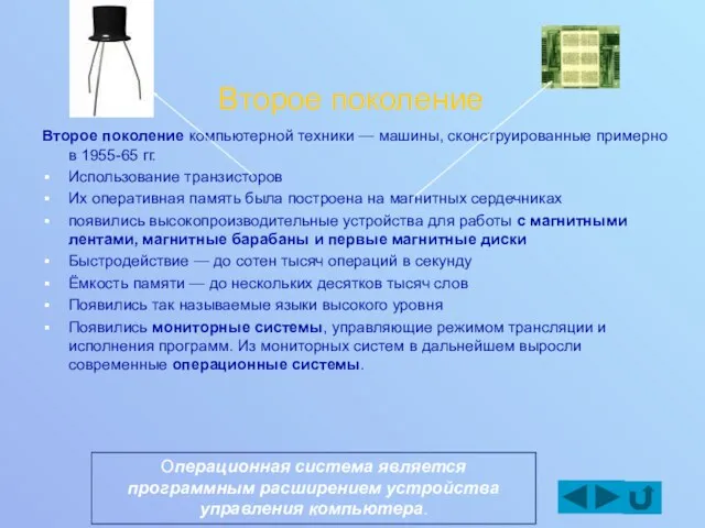 Второе поколение Второе поколение компьютерной техники — машины, сконструированные примерно