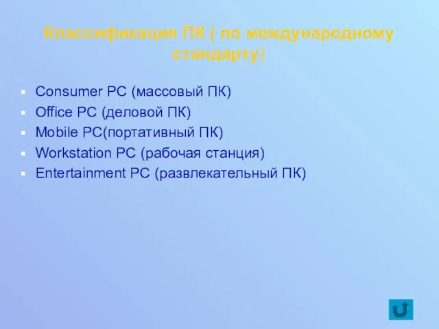 Классификация ПК ( по международному стандарту) Consumer PC (массовый ПК)