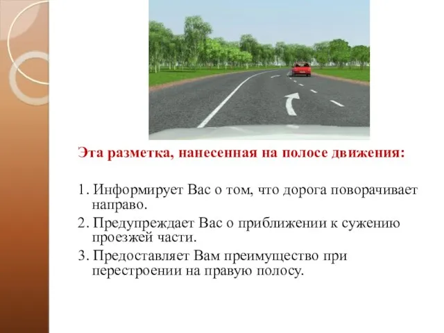 Эта разметка, нанесенная на полосе движения: 1. Информирует Вас о