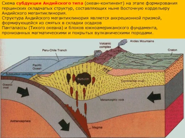 Схема субдукции Андийского типа (океан-континент) на этапе формирования герцинских складчатых