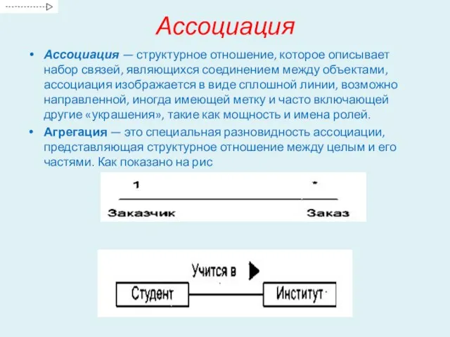 Ассоциация Ассоциация — структурное отношение, которое описывает набор связей, являющихся