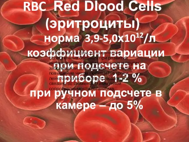 RBC Red Dlood Cells (эритроциты) норма 3,9-5,0х1012/л коэффициент вариации при подсчете на приборе