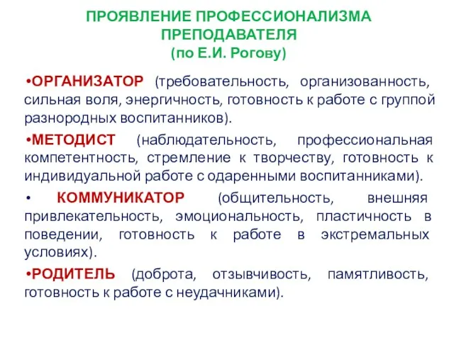 ПРОЯВЛЕНИЕ ПРОФЕССИОНАЛИЗМА ПРЕПОДАВАТЕЛЯ (по Е.И. Рогову) ОРГАНИЗАТОР (требовательность, организованность, сильная