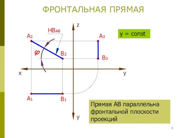 ФРОНТАЛЬНАЯ ПРЯМАЯ Прямая АВ параллельна фронтальной плоскости проекций y = const