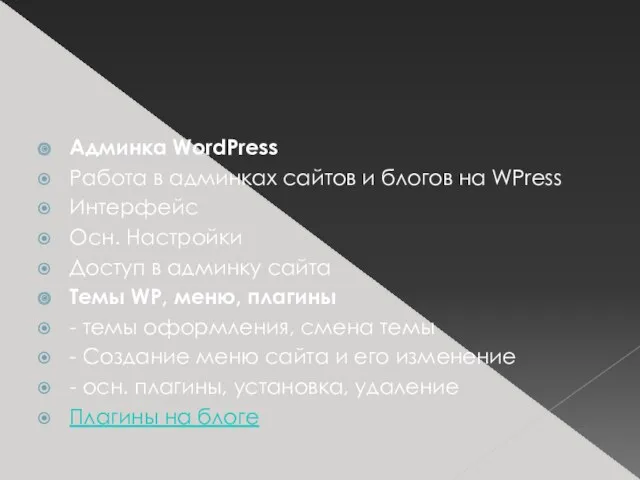 Админка WordPress Работа в админках сайтов и блогов на WPress Интерфейс Осн. Настройки