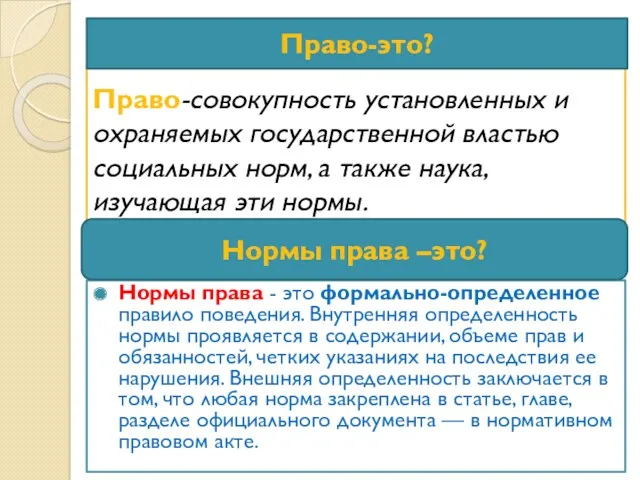 Право-совокупность установленных и охраняемых государственной властью социальных норм, а также