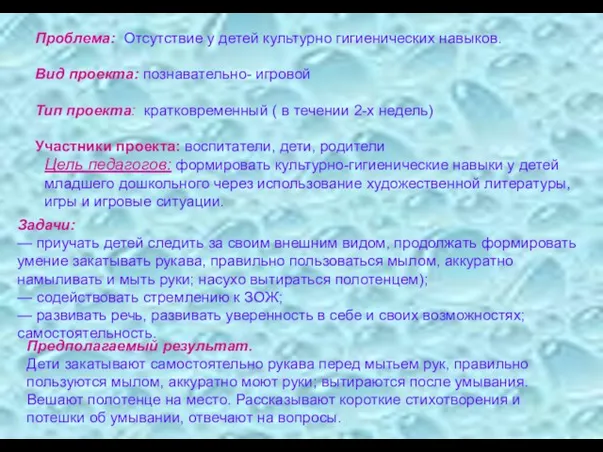 Проблема: Отсутствие у детей культурно гигиенических навыков. Вид проекта: познавательно-