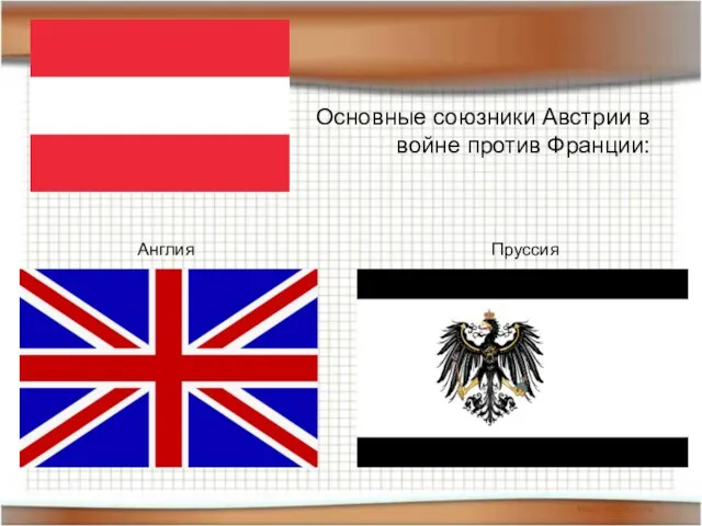 Основные союзники Австрии в войне против Франции: Англия Пруссия