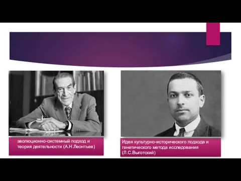 эволюционно-системный подход и теория деятельности (А.Н.Леонтьев) Идея культурно-исторического подхода и генетического метода исследования (Л.С.Выготский)