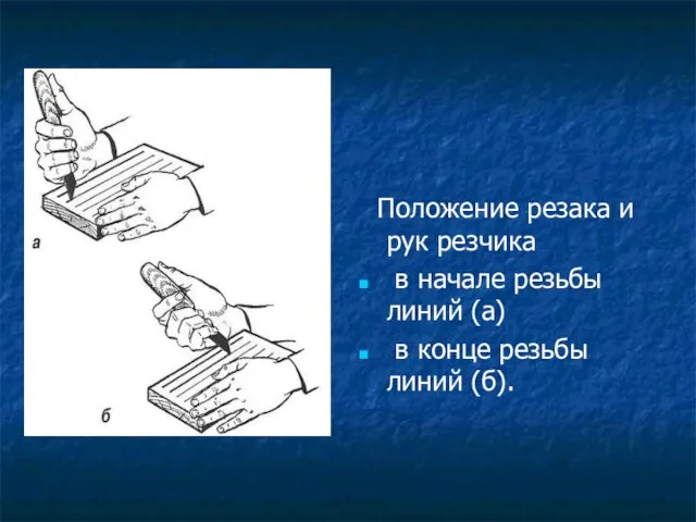 Положение резака и рук резчика в начале резьбы линий (а) в конце резьбы линий (б).